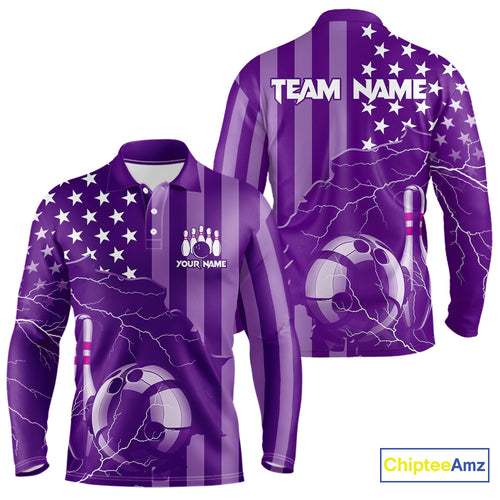 Personalized Purple American flag Lightning thunder Custom Bowling Team Shirts For Mens Bowling Jersey NQS9858