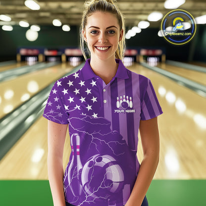Personalized Purple American flag Lightning thunder Custom Women Bowling Team Shirts Bowling Jersey NQS9858