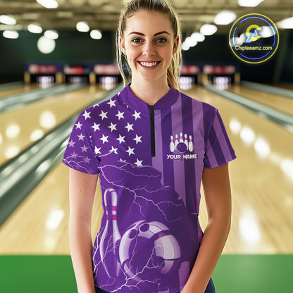 Personalized Purple American flag Lightning thunder Custom Women Bowling Team Shirts Bowling Jersey NQS9858