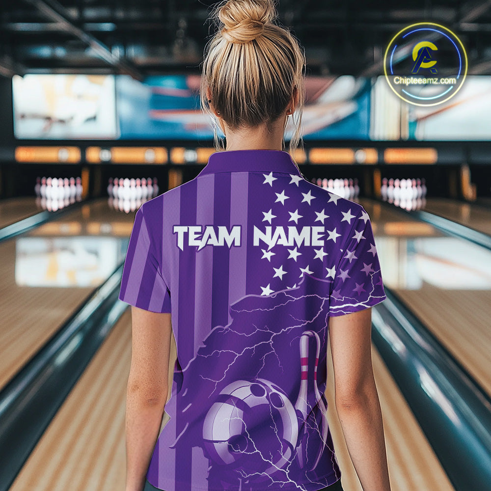 Personalized Purple American flag Lightning thunder Custom Women Bowling Team Shirts Bowling Jersey NQS9858