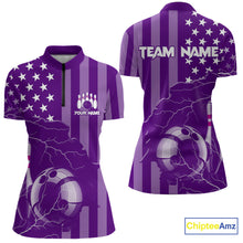 Load image into Gallery viewer, Personalized Purple American flag Lightning thunder Custom Women Bowling Team Shirts Bowling Jersey NQS9858