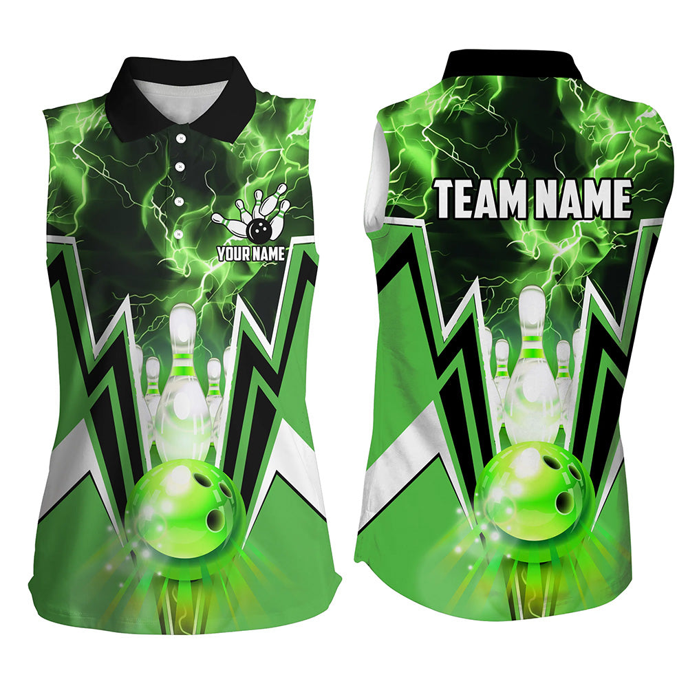 Green lightning thunder Bowling Sleeveless Polo Shirt for Women Custom Bowling Team Jerseys for bowler NQS7591