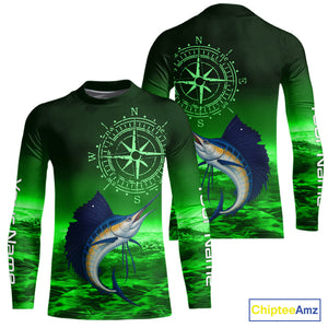 Personalized Sailfish Green Performance Fishing Shirts, compass Sailfish fishing tournament Shirts NQS10235
