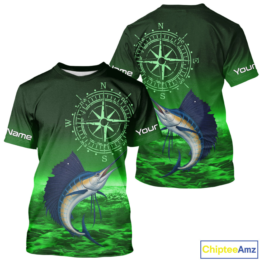 Personalized Sailfish Green Performance Fishing Shirts, compass Sailfish fishing tournament Shirts NQS10235