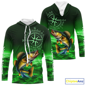 Personalized Walleye Green Performance Fishing Shirts, compass Walleye fishing tournament Shirts NQS10236
