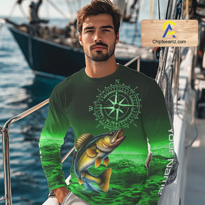 Personalized Walleye Green Performance Fishing Shirts, compass Walleye fishing tournament Shirts NQS10236