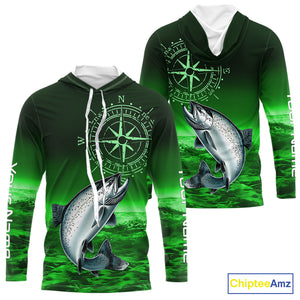 Personalized Salmon Green Performance Fishing Shirts, compass Salmon fishing tournament Shirts NQS10237