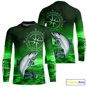 Personalized Salmon Green Performance Fishing Shirts, compass Salmon fishing tournament Shirts NQS10237
