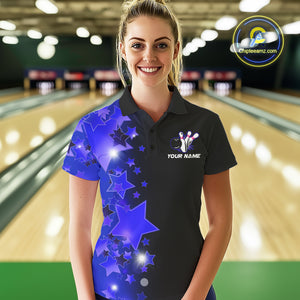 Women's bowling Polo, Quarter Zip shirts Custom Blue Stars Bowling Team Bowlers Jersey NQS10598