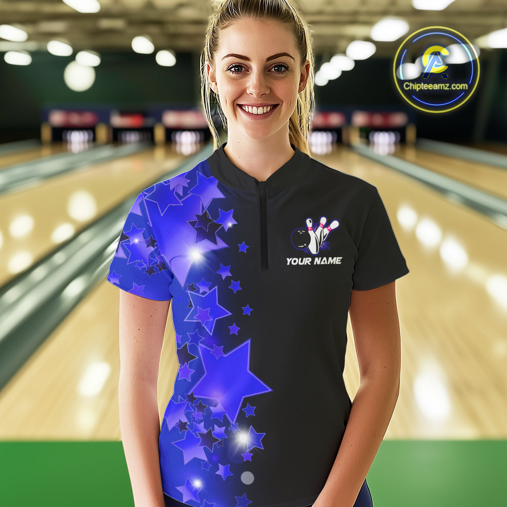 Women's bowling Polo, Quarter Zip shirts Custom Blue Stars Bowling Team Bowlers Jersey NQS10598