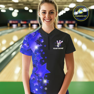 Women's bowling Polo, Quarter Zip shirts Custom Blue Stars Bowling Team Bowlers Jersey NQS10598