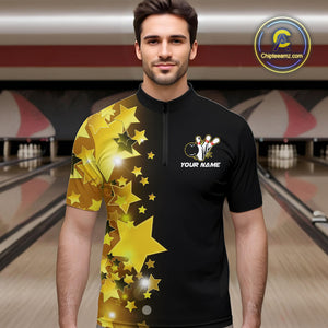 Men bowling Polo, Quarter Zip shirts Custom Gold Stars Bowling Team Bowlers Jersey NQS10599