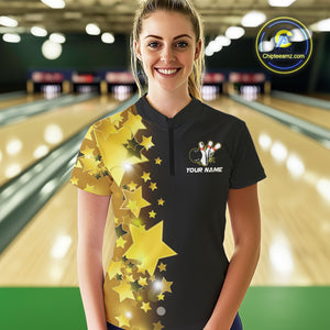 Women's bowling Polo, Quarter Zip shirts Custom Gold Stars Bowling Team Bowlers Jersey NQS10599