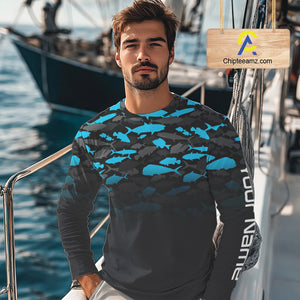 Fishing black and blue camouflage UV long sleeve hooded camo fishing shirts Custom fishing apparel NQS10600