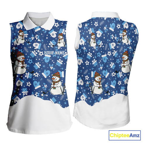 Blue & White Snowman Christmas pattern Sleeveless Golf Polo shirt Custom ladies Christmas golf shirts NQS11004