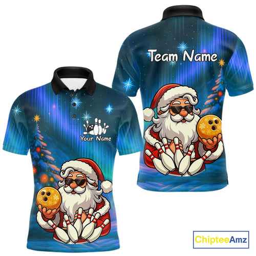 Funny Santa Christmas Bowling Shirts For Men Custom Blue Christmas Night Bowling Team Jersey NQS11010