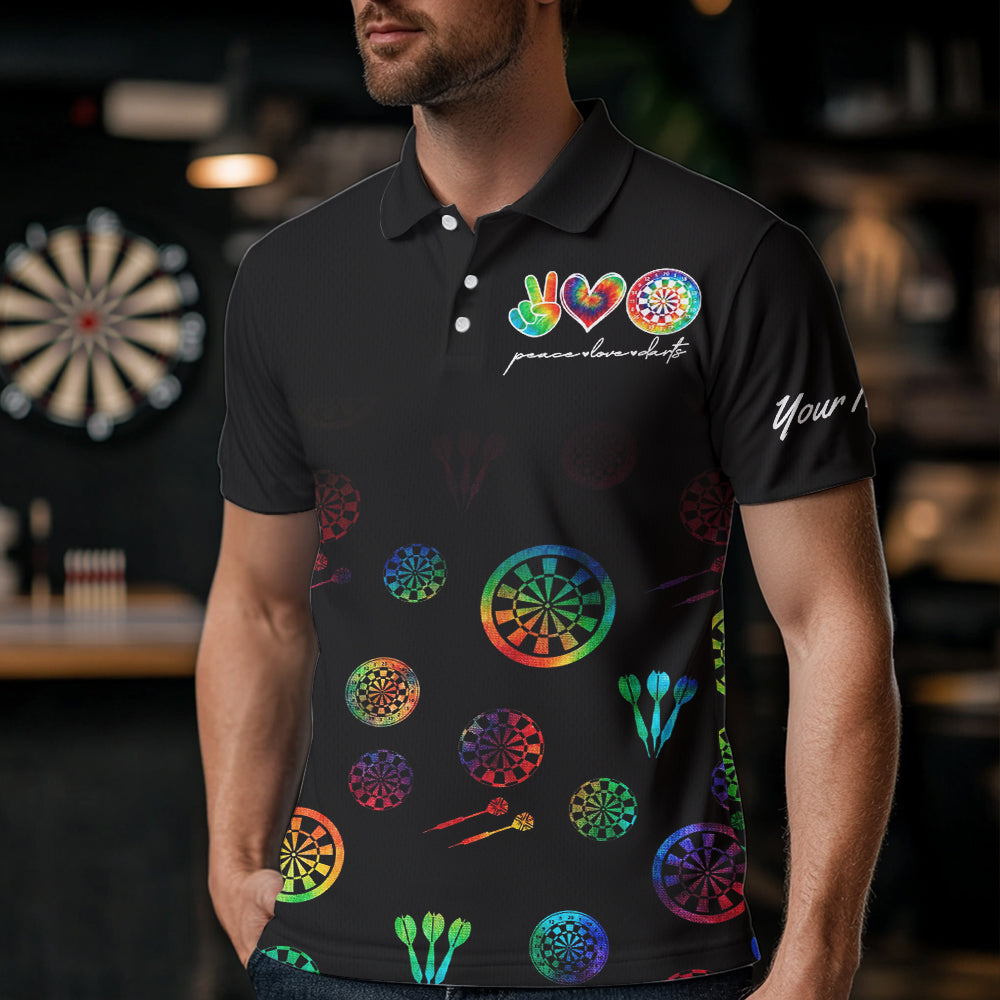 Personalized Colorful tie dye Black Camo Darts Shirts For Men Custom Peace Love Darts Team Jerseys NQS9484