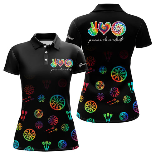 Personalized Colorful tie dye Black Camo Darts Shirts For Women Custom Peace Love Darts Team Jerseys NQS9484