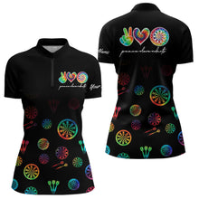Load image into Gallery viewer, Personalized Colorful tie dye Black Camo Darts Shirts For Women Custom Peace Love Darts Team Jerseys NQS9484