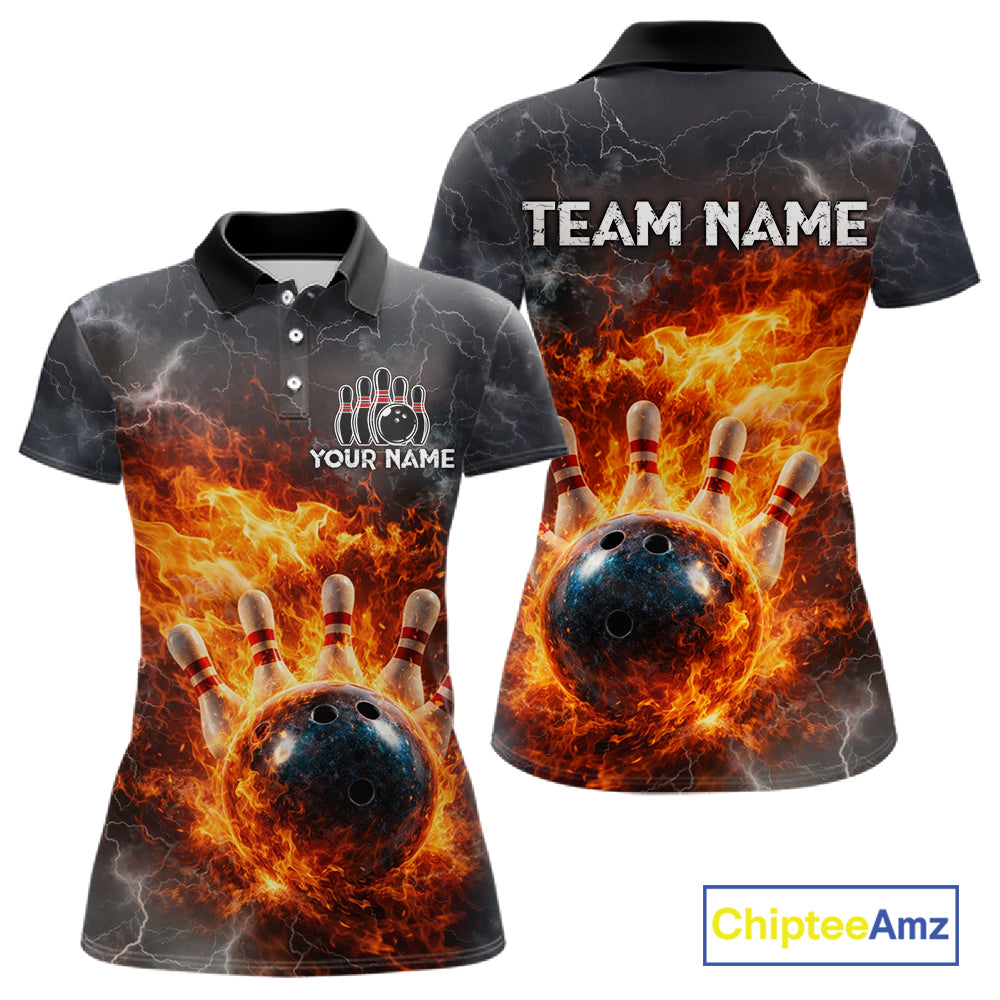 Custom Orange Flame Lightning Thunder Bowling shirts for Women, bowling team jerseys gift for bowlers NQS11618