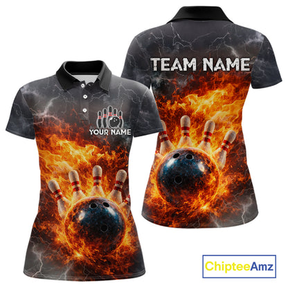 Custom Orange Flame Lightning Thunder Bowling shirts for Women, bowling team jerseys gift for bowlers NQS11618