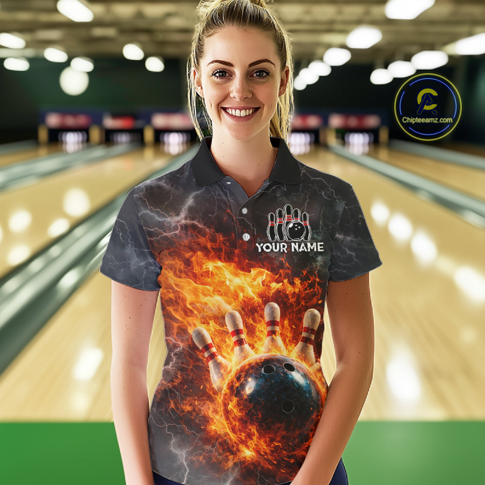 Custom Orange Flame Lightning Thunder Bowling shirts for Women, bowling team jerseys gift for bowlers NQS11618