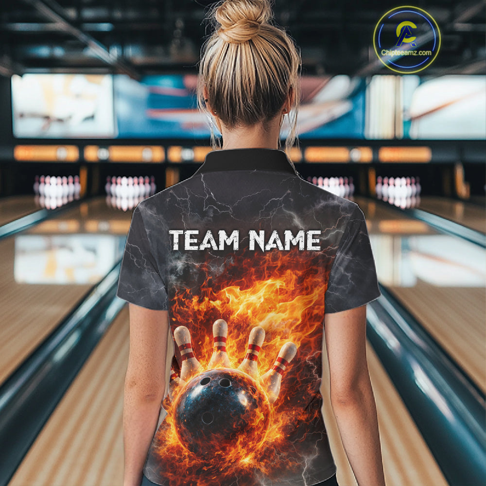 Custom Orange Flame Lightning Thunder Bowling shirts for Women, bowling team jerseys gift for bowlers NQS11618