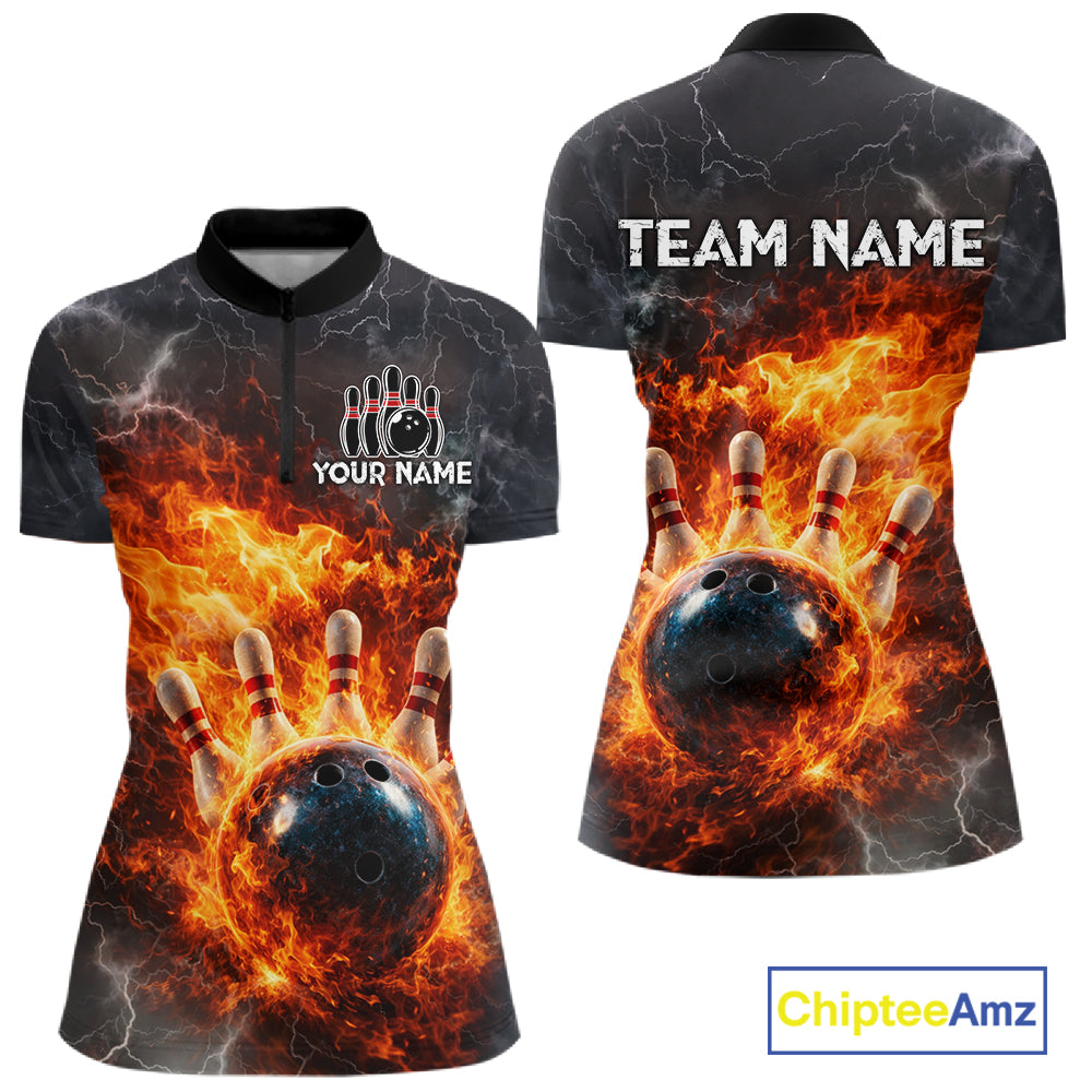 Custom Orange Flame Lightning Thunder Bowling shirts for Women, bowling team jerseys gift for bowlers NQS11618