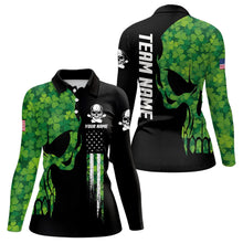Load image into Gallery viewer, Skull Green Clover pattern American Flag Women Bowling Shirt Custom St Patrick Day Bowling Team Jersey NQS9643