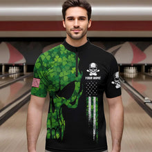 Load image into Gallery viewer, Skull Green Clover pattern American Flag Mens Bowling Shirt Custom St Patrick Day Bowling Team Jersey NQS9643