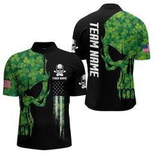 Load image into Gallery viewer, Skull Green Clover pattern American Flag Mens Bowling Shirt Custom St Patrick Day Bowling Team Jersey NQS9643