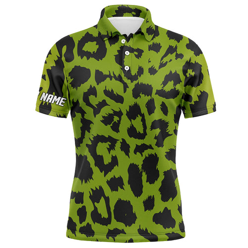 Mens golf polo shirt custom lime green leopard pattern team golf shirts, golf wear for mens NQS5431