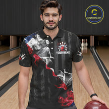Load image into Gallery viewer, Black Texas flag smoke Men Bowling Polo, Quarter Zip shirt Custom Patriotic Team Bowling Jersey NQS10402