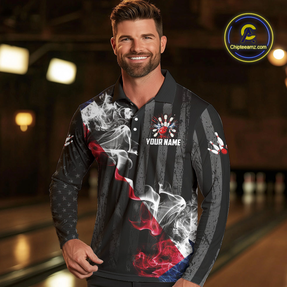 Black Texas flag smoke Men Bowling Polo, Quarter Zip shirt Custom Patriotic Team Bowling Jersey NQS10402