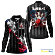 Load image into Gallery viewer, Black Texas flag smoke Women Bowling Polo, Quarter Zip shirt Custom Patriotic Team Bowling Jersey NQS10402
