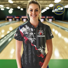 Load image into Gallery viewer, Black Texas flag smoke Women Bowling Polo, Quarter Zip shirt Custom Patriotic Team Bowling Jersey NQS10402