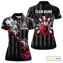 Load image into Gallery viewer, Black Texas flag smoke Women Bowling Polo, Quarter Zip shirt Custom Patriotic Team Bowling Jersey NQS10402