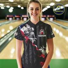 Load image into Gallery viewer, Black Texas flag smoke Women Bowling Polo, Quarter Zip shirt Custom Patriotic Team Bowling Jersey NQS10402