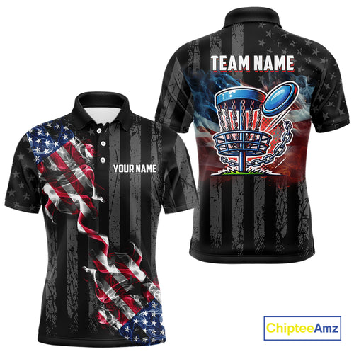 Black American flag smoke Mens disc golf polo shirts Custom Patriotic Team Disc Golf attire NQS10616