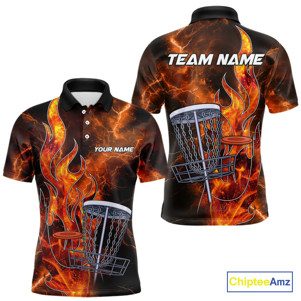 Orange Flame Lightning Thunder Disc golf polo shirts For Men Custom Team disc golf outfits NQS10847