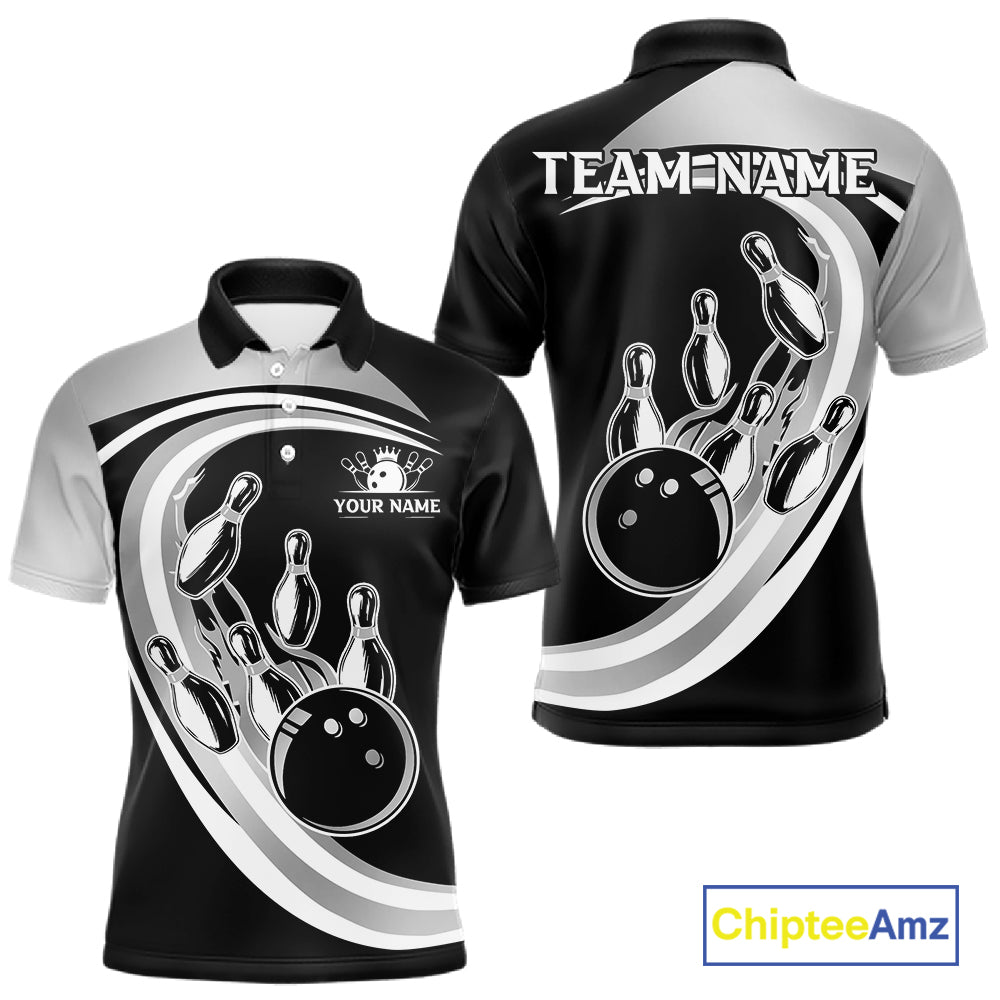 Black and Silver Bowling Shirts For Men Custom Bowling Team League Jerseys, Gift For Bowler NQS11416