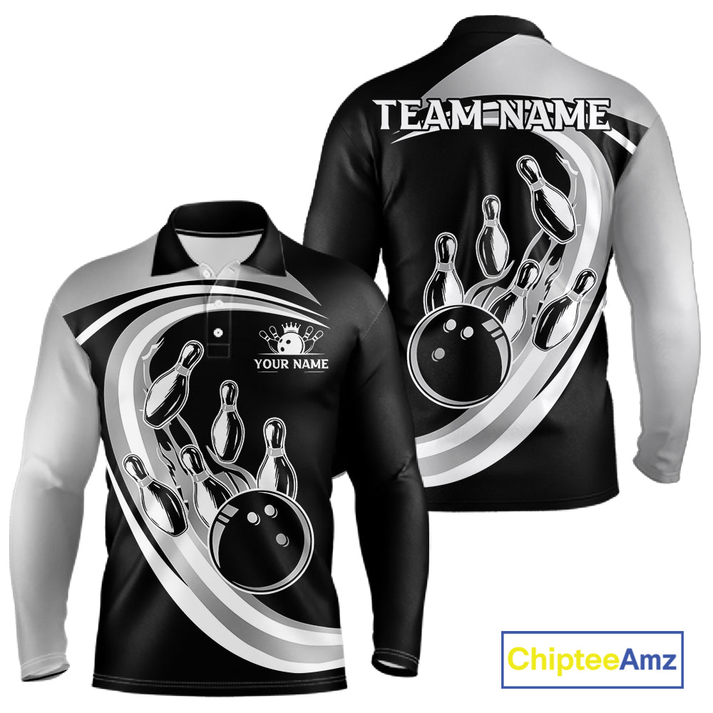 Black and Silver Bowling Shirts For Men Custom Bowling Team League Jerseys, Gift For Bowler NQS11416