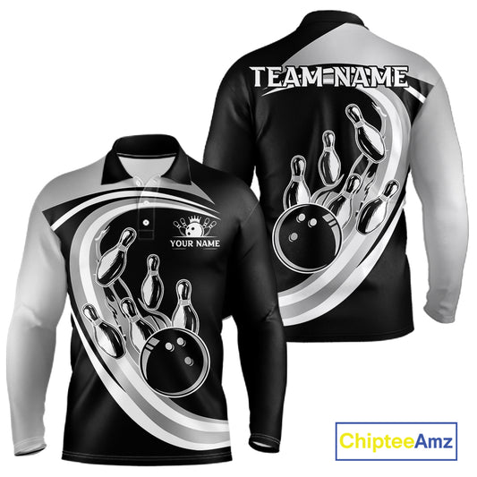 Black and Silver Bowling Shirts For Men Custom Bowling Team League Jerseys, Gift For Bowler NQS11416
