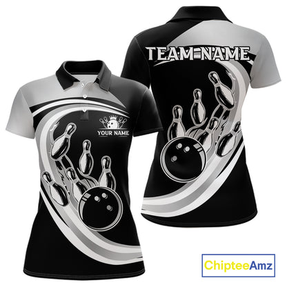 Black and Silver Bowling Shirts For Women Custom Bowling Team League Jerseys, Gift For Bowler NQS11416