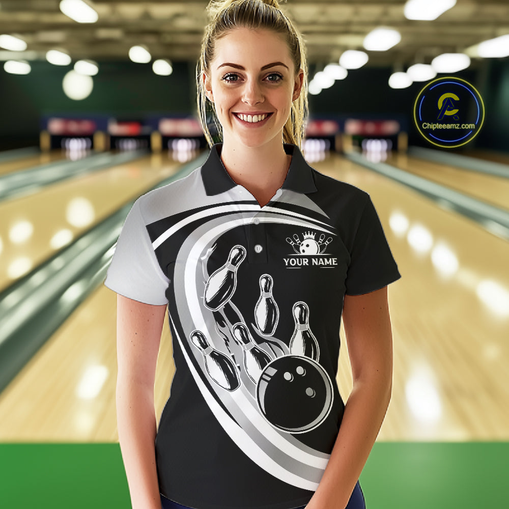 Black and Silver Bowling Shirts For Women Custom Bowling Team League Jerseys, Gift For Bowler NQS11416