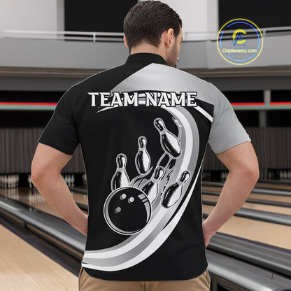 Black and Silver Bowling Shirts For Men Custom Bowling Team League Jerseys, Gift For Bowler NQS11416