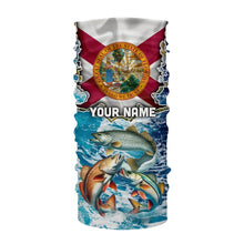 Load image into Gallery viewer, Florida Flag Redfish, trout, snook blue wave camo custom name performance long sleeve fishing shirts NQS9488