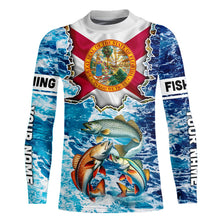 Load image into Gallery viewer, Florida Flag Redfish, trout, snook blue wave camo custom name performance long sleeve fishing shirts NQS9488
