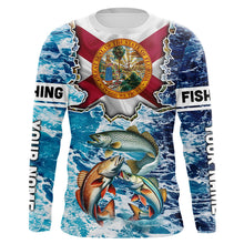 Load image into Gallery viewer, Florida Flag Redfish, trout, snook blue wave camo custom name performance long sleeve fishing shirts NQS9488