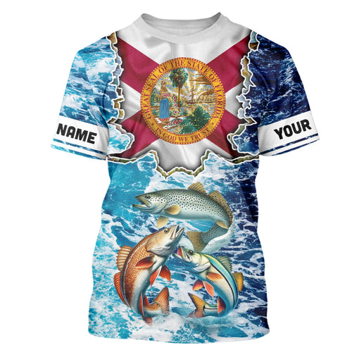 Florida Flag Redfish, trout, snook blue wave camo custom name performance long sleeve fishing shirts NQS9488